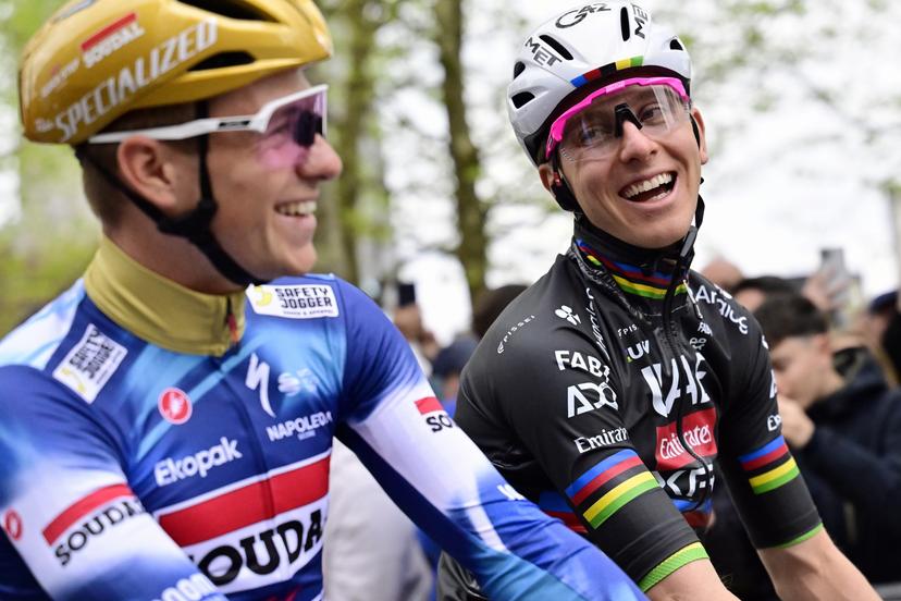 Belgian Remco Evenepoel of Soudal Quick-Step and Slovenian Tadej Pogacar of UAE Team Emirates pictured at the start of the men's race of the 'La Fleche Wallonne', one day cycling race (Waalse Pijl - Walloon Arrow), 205,2 km from Ciney to Huy, Wednesday 23 April 2025. BELGA PHOTO DIRK WAEM