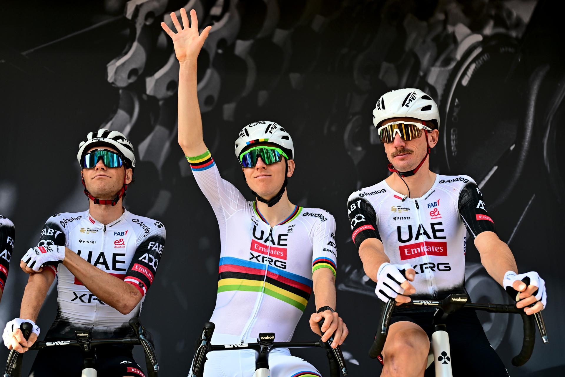 Slovenian Tadej Pogacar of UAE Team Emirates and American Brandon McNulty of UAE Team Emirates pictured at the start of the men elite race of the Liege-Bastogne-Liege one day cycling event, 252km from Liege, over Bastogne to Liege, Sunday 27 April 2025. BELGA PHOTO MAARTEN STRAETEMANS