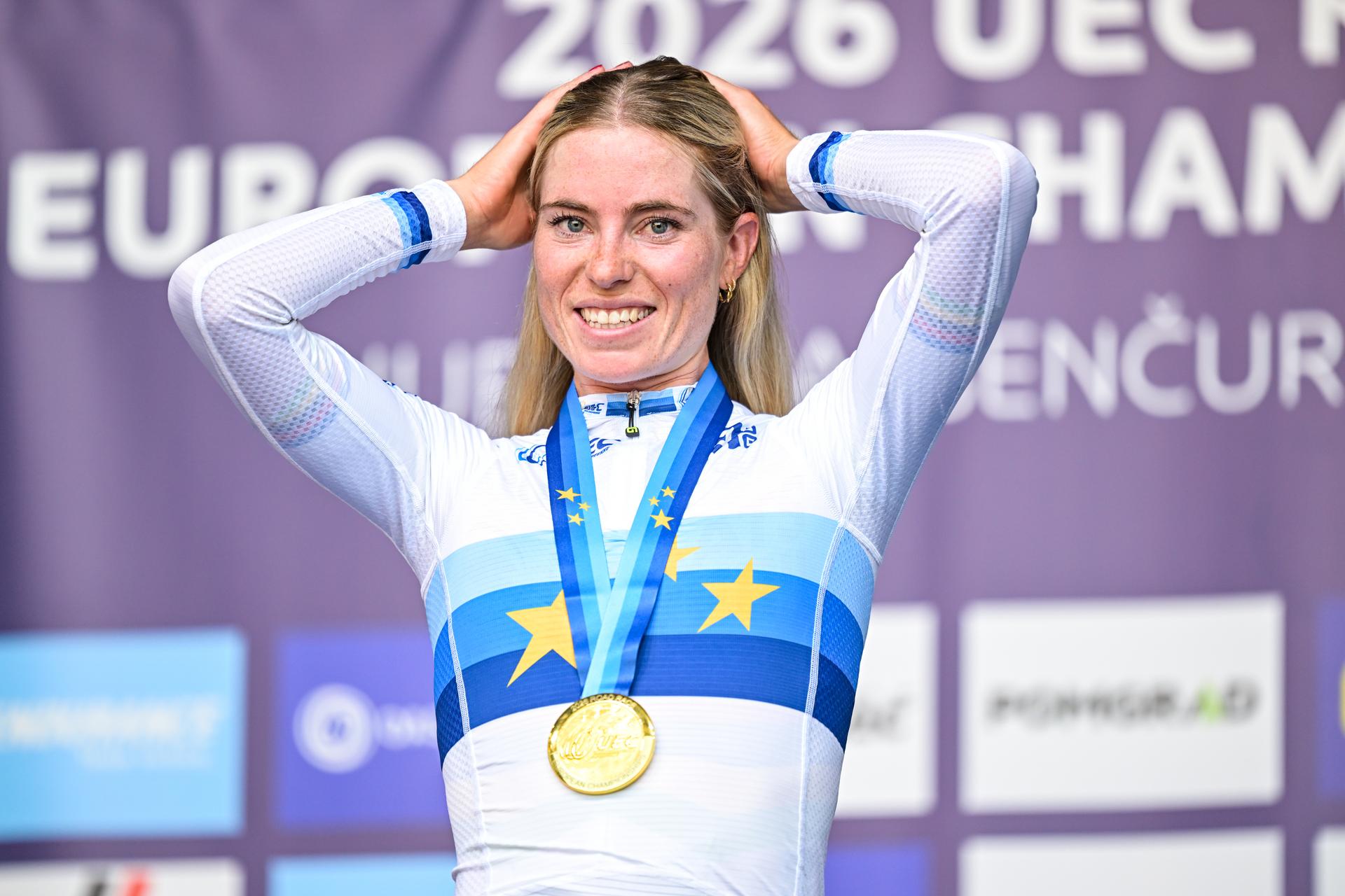 Dutch Demi Vollering , winner of the gold medal celebrates on the podium of the elite women Road Race race (130 km) at the cycling UEC Road European Championships, in Ljubljana, Slovenia Saturday 3 October 2026. The UEC Road European Championships are taking place from 02 to 07 October in Ljubljana, Slovenia. BELGA PHOTO DAVID PINTENS
