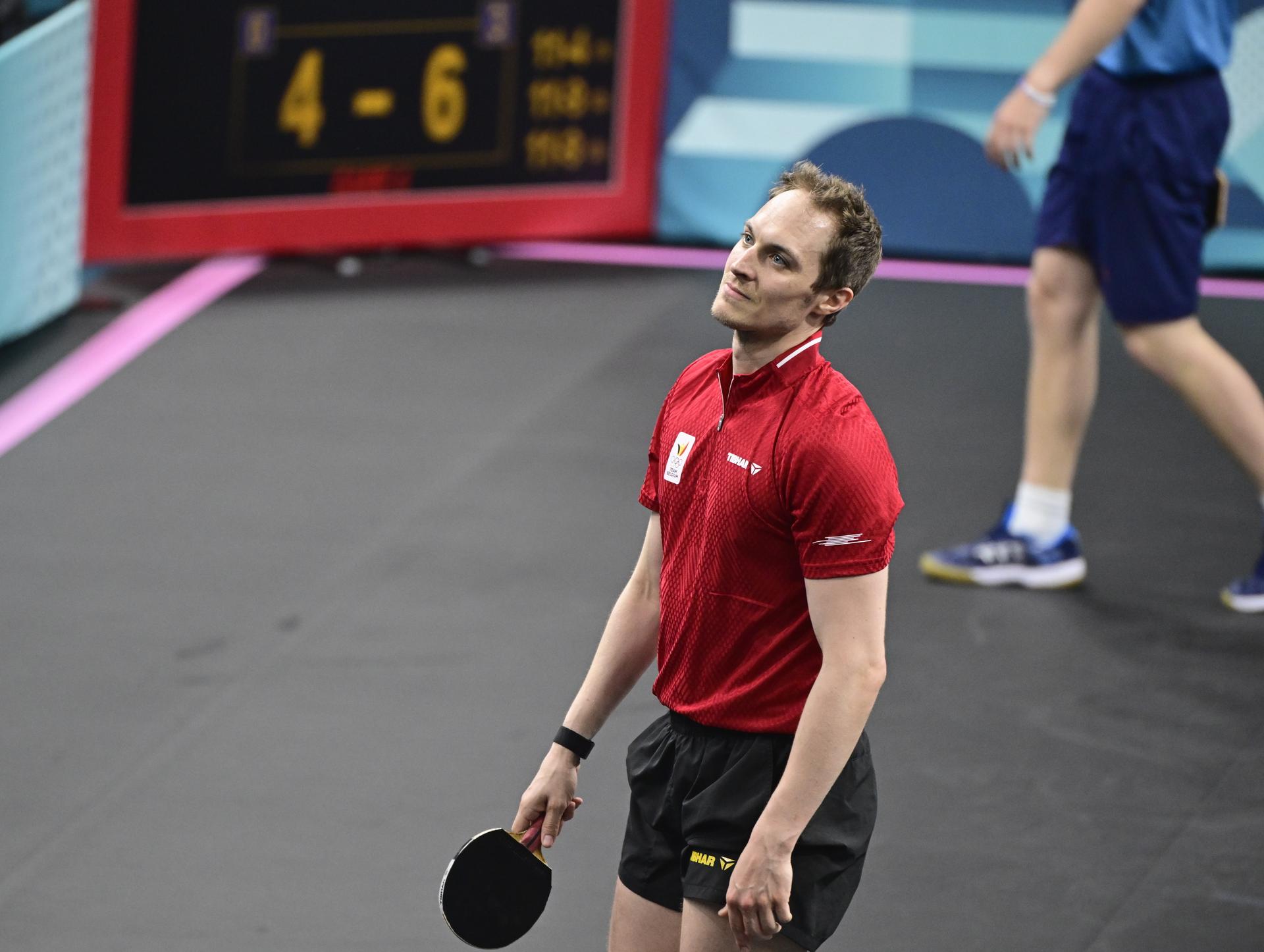 Belgian Cedric Nuytinck looks dejected at a table tennis game between Swedish Moregardh and Belgian Nuytinck, in the round of 64 of the men's singles competition at the Paris 2024 Olympic Games, on Saturday 27 July 2024 in Paris, France. The Games of the XXXIII Olympiad are taking place in Paris from 26 July to 11 August. The Belgian delegation counts 165 athletes in 21 sports. BELGA PHOTO LAURIE DIEFFEMBACQ