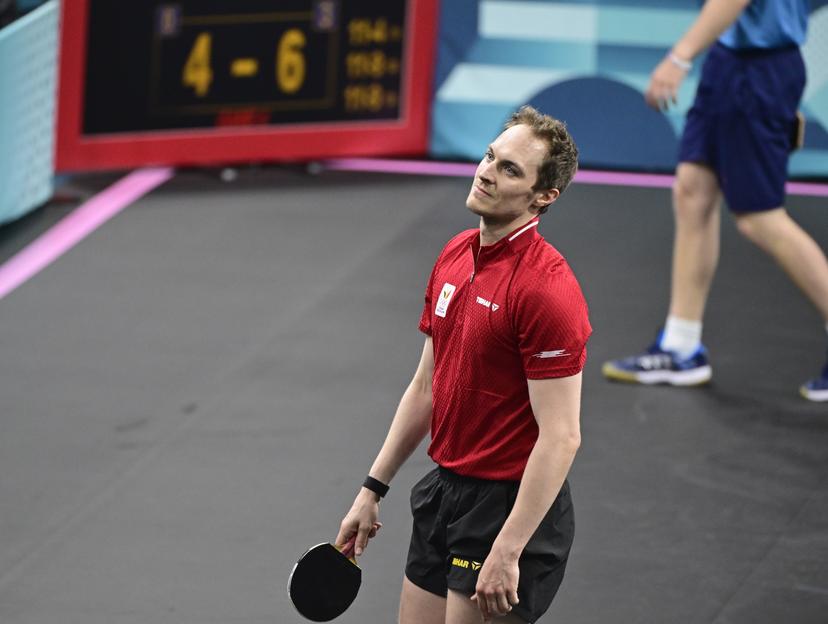 Belgian Cedric Nuytinck looks dejected at a table tennis game between Swedish Moregardh and Belgian Nuytinck, in the round of 64 of the men's singles competition at the Paris 2024 Olympic Games, on Saturday 27 July 2024 in Paris, France. The Games of the XXXIII Olympiad are taking place in Paris from 26 July to 11 August. The Belgian delegation counts 165 athletes in 21 sports. BELGA PHOTO LAURIE DIEFFEMBACQ