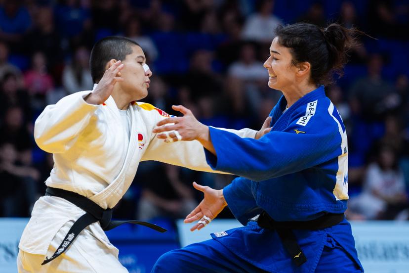 Belgian Gabriella Willems (blue) and Spanish Tsunoda Roustant Ai (white) pictured in action during a fight in the Women -70kg, at the European Judo Championships in Podgorica, Montenegro, on Friday 25 April 2025. The tournament is taking place from 23 tot 27 April 2025.  BELGA PHOTO NIKOLA KRISTC