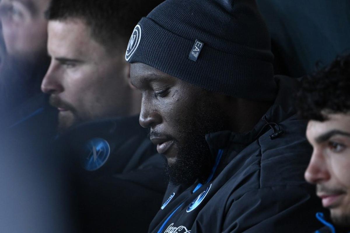 Napoli's Belgian forward #09 Romelu Lukaku is pictured on the bench during the Italian Serie A football match between Genoa and Napoli at the Luigi Ferraris stadium in Genoa on February 7, 2026.  Isabella BONOTTO / AFP