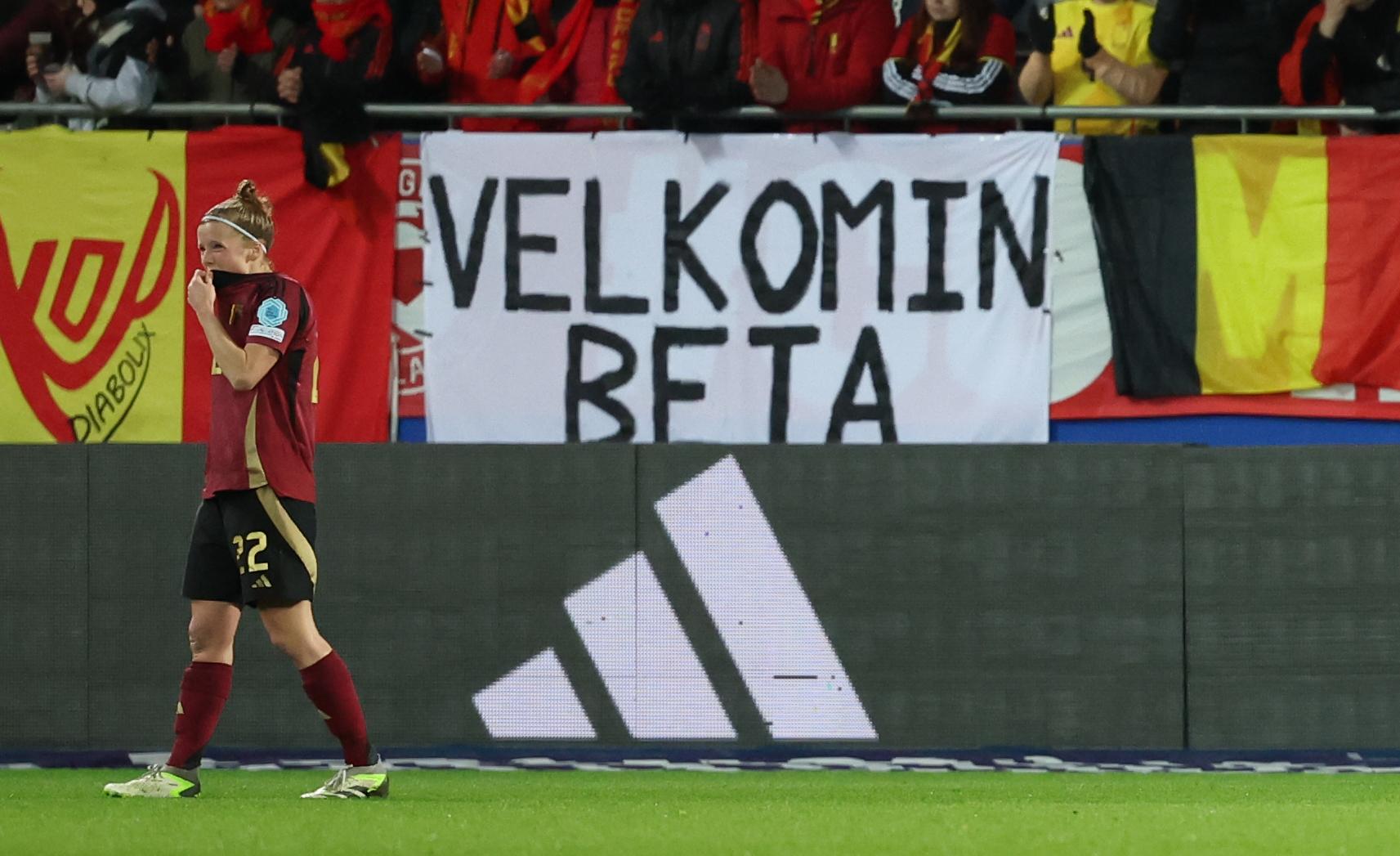 Belgium's Laura Deloose looks dejected after losing a soccer game between the national teams of Belgium (Red Flames) and Portugal, on the second matchday in group A3 of the 2024-25 Women's Nations League competition, on Wednesday 26 February 2025 in Heverlee, Leuven. BELGA PHOTO VIRGINIE LEFOUR