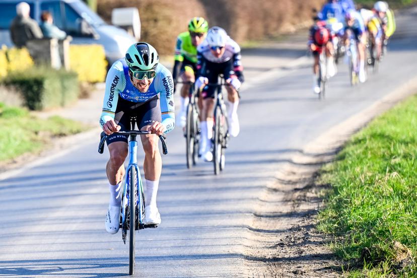 Belgian Tim Wellens of UAE Team Emirates and Belgian Dries De Bondt of Decathlon AG2R La Mondiale Team pictured in action during the Kuurne-Brussels-Kuurne one day cycling race, 196,9 km from Kuurne to Kuurne via Brussels, Sunday 02 March 2025. BELGA PHOTO DIRK WAEM