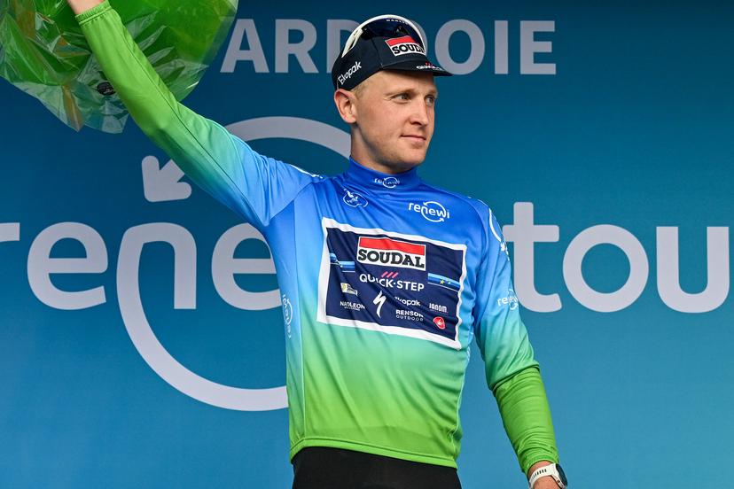 Belgian Tim Merlier of Soudal Quick-Step pictured on the podium after the second stage of the 'Renewi Tour' multi-stage cycling race, from Blankenberge to Ardooie (169,4 km) on Thursday 21 August 2025. The five-day race takes place in Belgium and the Netherlands. BELGA PHOTO DAVID PINTENS