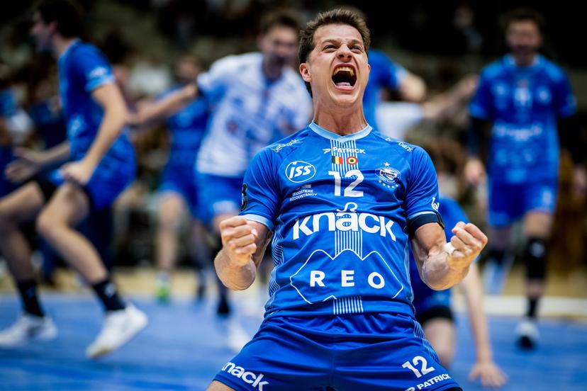 Roeselare's Seppe Rotty celebrates after winning the match between Haasrode Leuven and Roeselare, a Play-off Final (4th game, best-of-5) game in the Lotto Volley League Men, Tuesday 13 May 2025 in Leuven. BELGA PHOTO JASPER JACOBS