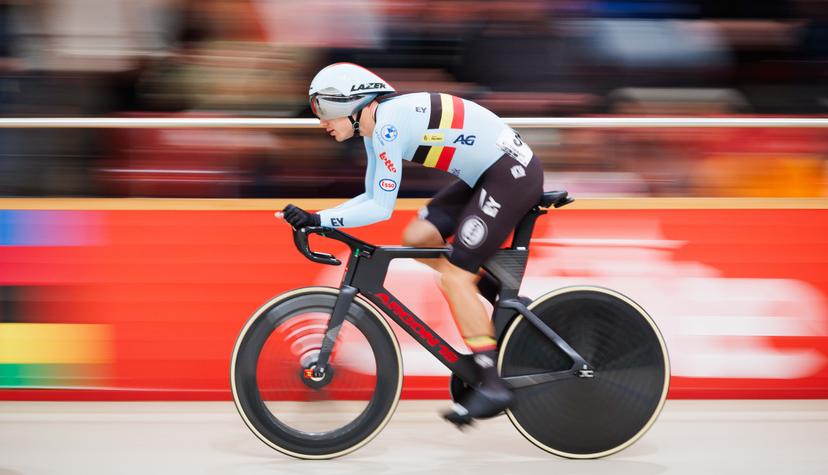 Belgian Lindsay De Vylder pictured in action during the tempo race of the men's omnium (event 1/4) at the 2025 UCI Track World Championships cycling, in Santiago, Chile, Saturday 25 October 2025. The Track World Championships take place from 22 to 26 October at the Velodromo de Penalolen in Santiago, Chile. BELGA PHOTO BENOIT DOPPAGNE