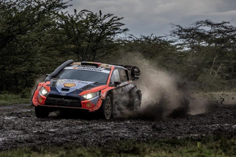 Hyundai Shell Mobis World Rally Team's Belgian driver Thierry Neuville steers his Hyundai i20 N Rally1 with Belgian co-driver Martijn Wydaeghe during the World Rally Championship (WRC) Safari Rally Kenya Special Stage 16 (SS16) in Gilgil on March 22, 2025.  Luis TATO / AFP
