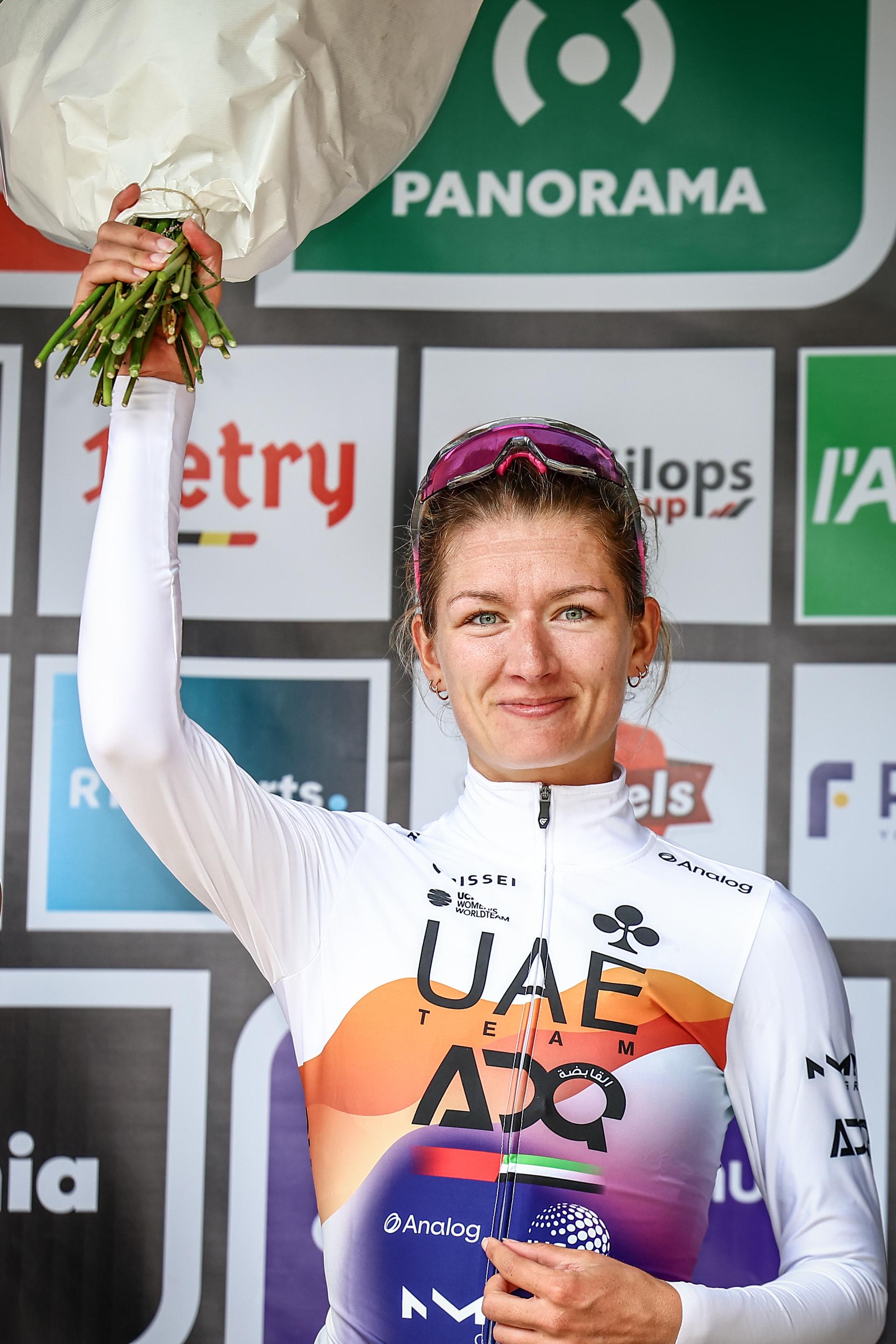 Dutch Karlijn Swinkels of UAE Team ADQ pictured on the podium after the one day cycling race Grand Prix de Wallonie 2025 (128,7km), in Namur, on Wednesday 17 September 2025. BELGA PHOTO DAVID PINTENS