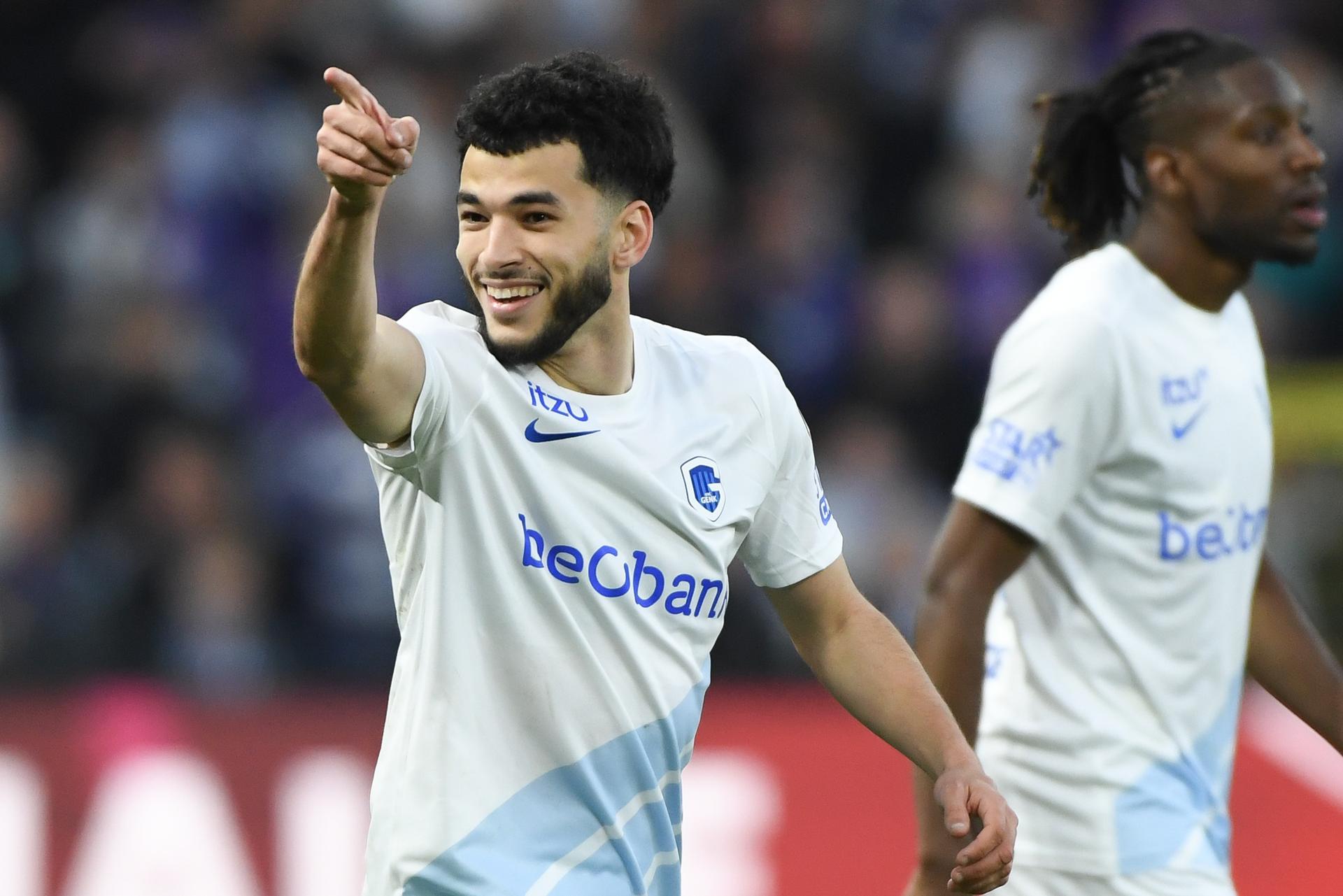 Genk's Zakaria El Ouahdi celebrates after scoring during a soccer match between RSC Anderlecht and KRC Genk, Sunday 06 April 2025 in Brussels, on day 2 (out of 10) of the Champions' Play-offs of the 2024-2025 'Jupiler Pro League' first division of the Belgian championship. BELGA PHOTO JILL DELSAUX