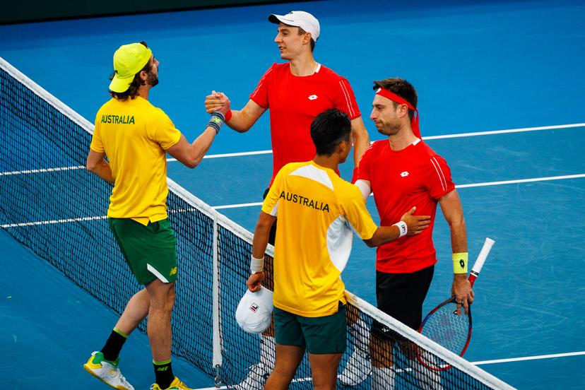 Australian Jordan Thompson, Belgian Joran Vliegen, Australian Rinky Hijikata, Belgian Sander Gille, shake hands after and a a tennis match between Belgian Vliegen/Gille and Australian Hijikata/Thompson, during the qualifier of the Davis Cup, Sunday 14 September 2025, in Sydney, Australia. Belgium and Australia will compete this weekend in the second round of the Davis Cup qualifiers. BELGA PHOTO PATRICK HAMILTON