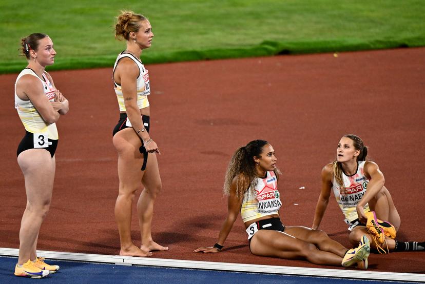 Belgian Janie De Nayer; Belgian Rani Rosius; Belgian Delphine Nkansa and Belgian Rani Vincke react after the final of the women's 4x100m relay race, on the seventh day of the European Athletics Championships (August 10-18) in Birmingham, United Kingdom, on Saturday 15 August 2026. BELGA PHOTO ERIC LALMAND