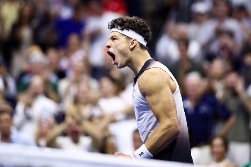 USA's Ben Shelton celebrates after victory during the men's singles round of 16 tennis match against Greece's Stefanos Tsitsipas on day eight of the US Open tennis tournament at the USTA Billie Jean King National Tennis Center in New York City on September 6, 2026.  CHARLY TRIBALLEAU / AFP