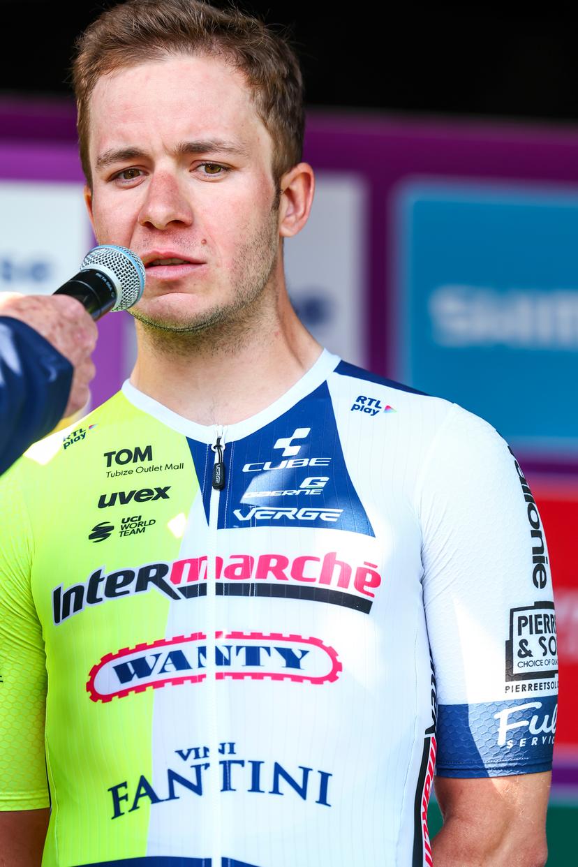 Belgian Gijs Van Hoecke of Intermarche-Wanty pictured during the team presentation ahead of the Baloise Belgium Tour cycling race, in Beringen, on Tuesday 11 June 2024. The Belgium Tour takes place from 12 to 16 June 2024. BELGA PHOTO DAVID PINTENS