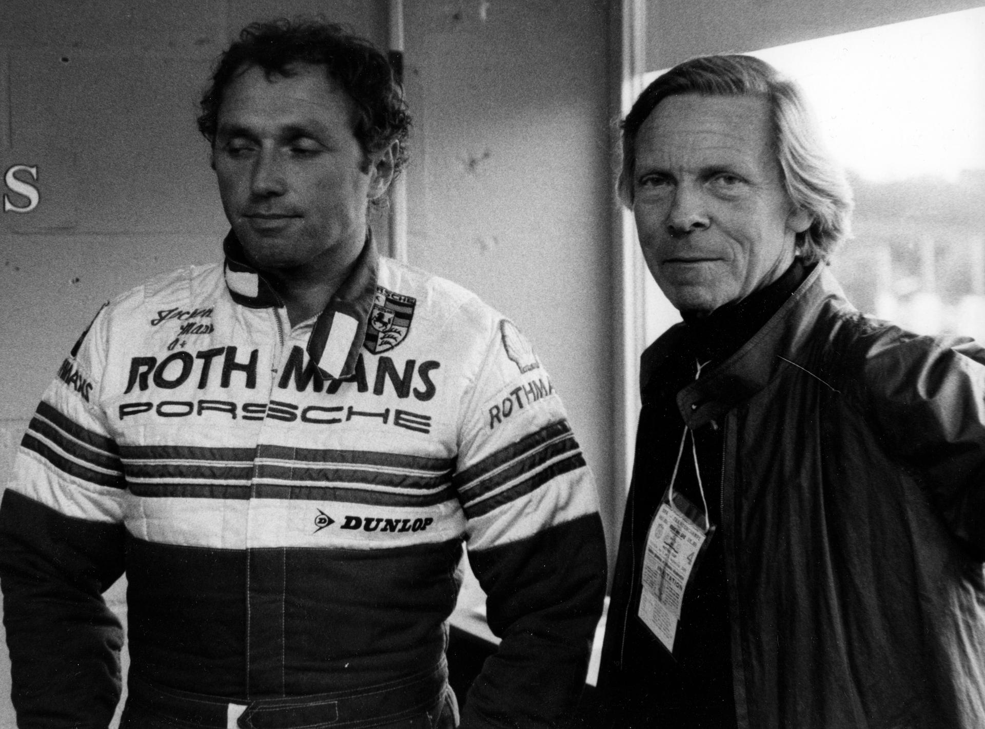 20120410 - FRANCORCHAMPS, BELGIUM (FILE) : This undated file picture shows the Belgian racing driver Paul Frere. On the picture : Jochen Mass and Paul Frere on the occasion of Francorchamps 1000 km motor sport competition. BELGA PHOTO ARCHIVES