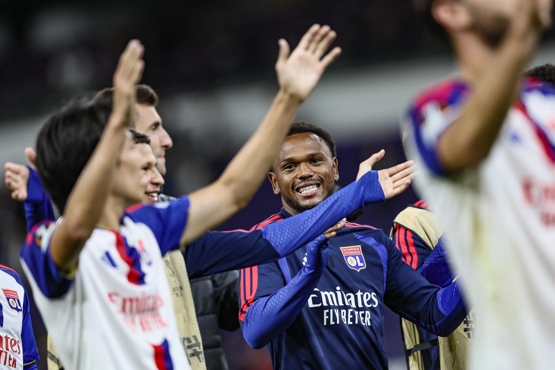 Lyon's Lois Openda celebrates after a soccer game between Belgian RSC Anderlecht and French Olympique Lyonnais, Wednesday 16 September 2026 in Brussels, on the first day (out of 8) of the league phase of the UEFA Europa League tournament.  BELGA PHOTO BRUNO FAHY