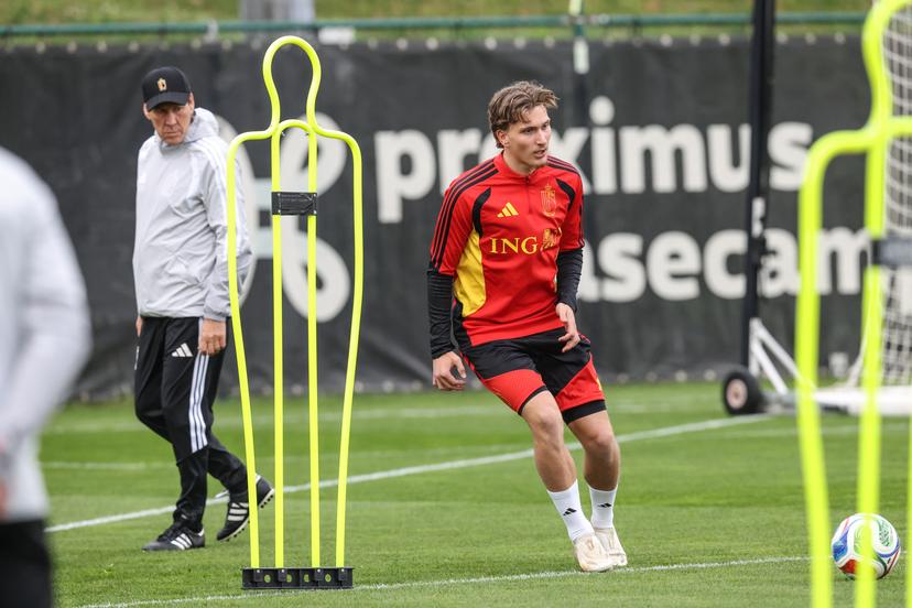 Belgium's head coach Rudi Garcia and Mika Godts pictured during a training session of the Red Devils, the Belgian national soccer team, in Tubize on Tuesday 24 March 2026. The team is preparing for its friendly games against the United States and Mexico. These games are preparation games of the 2026 World Cup. BELGA PHOTO BRUNO FAHY