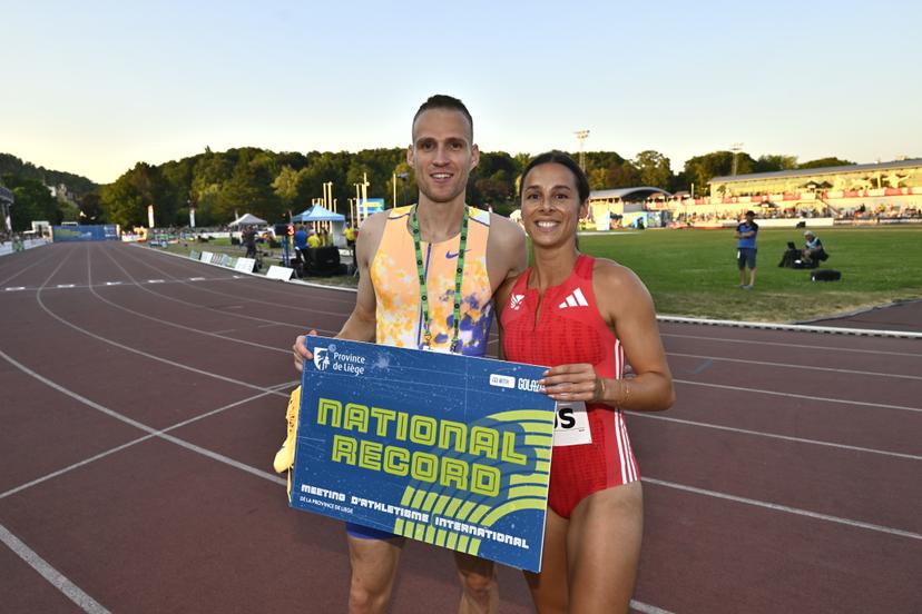 Belgian Camille Laus (r) pictured during the 2026 edition of the 'Meeting International d'Athletisme de la Province de Liege' athletics event in Liege, Wednesday 15 July 2026.  BELGA PHOTO ERIC LALMAND