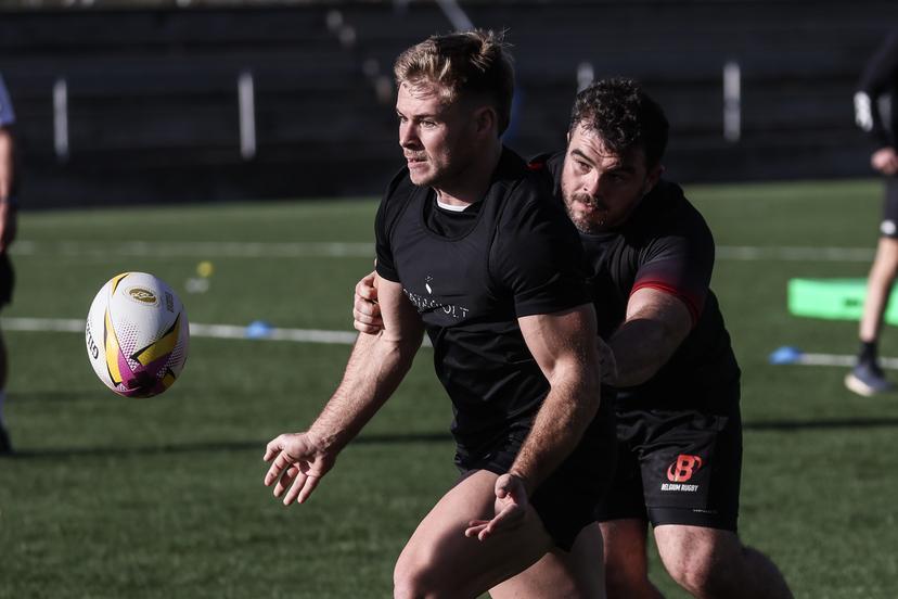 Belgium's players pictured during a training session of the Black Devils, the Belgian national rugby team, at the Nelson Mandela Stadium in Neder-Over-Heembeek, Brussels, Sunday 02 November 2025. The team is preparing for the qualification games for the World Cup. BELGA PHOTO BRUNO FAHY