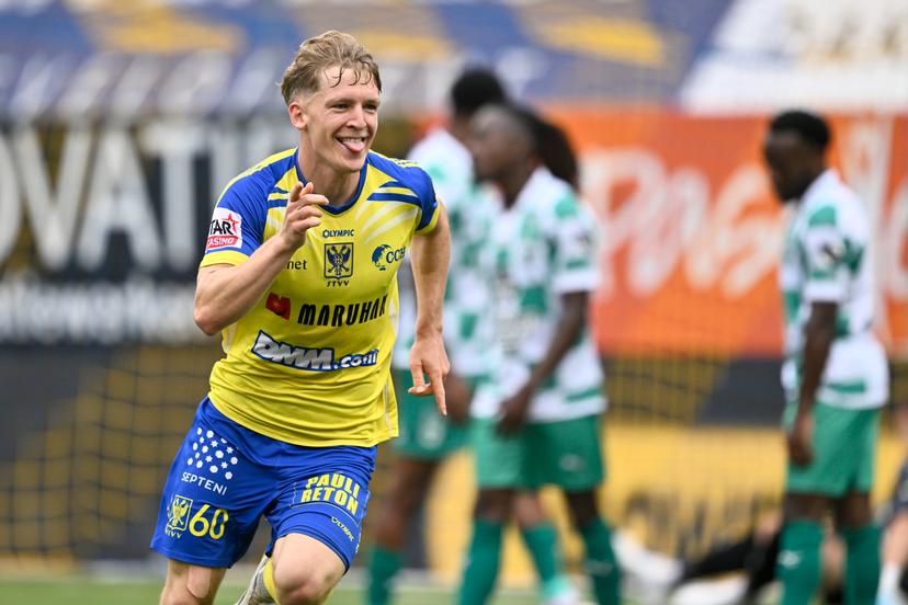 STVV's Robert-Jan Vanwesemael celebrates after scoring during a soccer match between Sint-Truiden VV and RAAL La Louviere, Sunday 17 August 2025 in Sint-Truiden, on the day 4 of the 2025-2026 'Jupiler Pro League' first division of the Belgian championship. BELGA PHOTO JOHAN EYCKENS