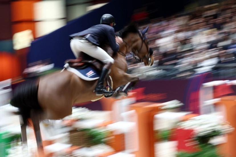England's Joseph Stockdale riding Millfield Counterfeit competes during the "Le Saut Hermes CSI 5*" International Jumping Competition at the Grand Palais Ephemere in Paris, on March 16, 2024.  FRANCK FIFE / AFP