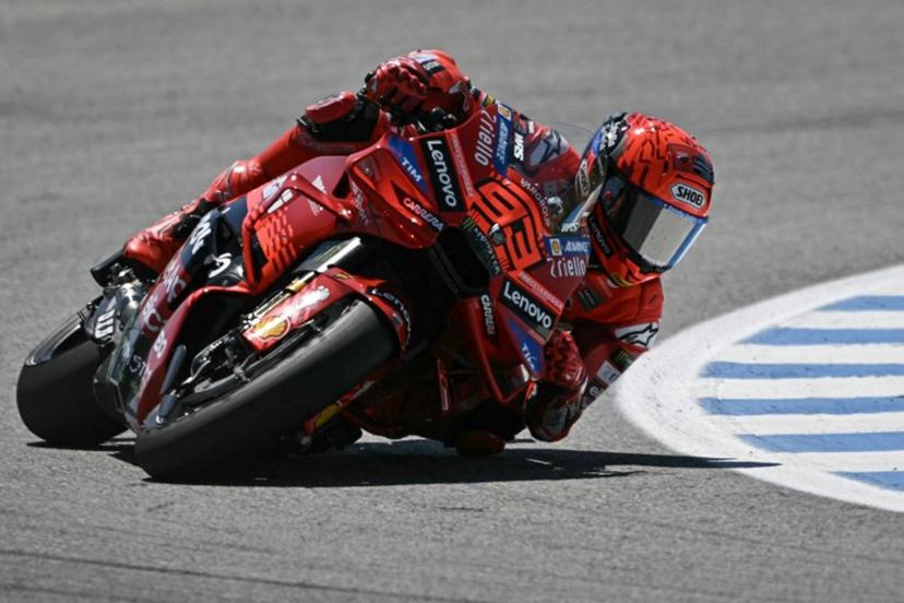 Ducati Lenovo Team's Spanish rider Marc Marquez (93) rounds a corner during the MotoGP Spanish Grand Prix Sprint race at the Jerez racetrack in Jerez de la Frontera, on April 26, 2025.  JAVIER SORIANO / AFP