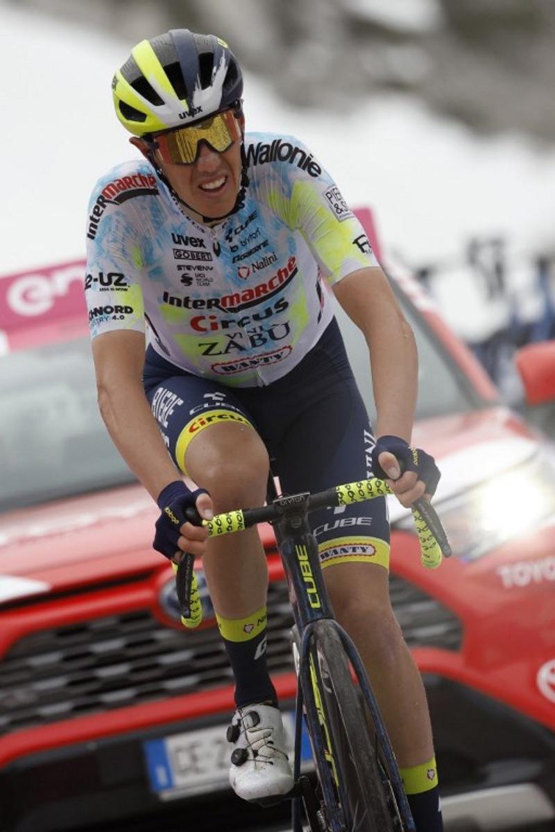 Intermarche - Circus - Wanty's Italian rider Simone Petilli cycles in the last meters on his way to finish third of the seventh stage of the Giro d'Italia 2023 cycling race, 218 km between Capua and Gran Sasso d'Italia, on May 12, 2023.  Luca BETTINI / AFP
