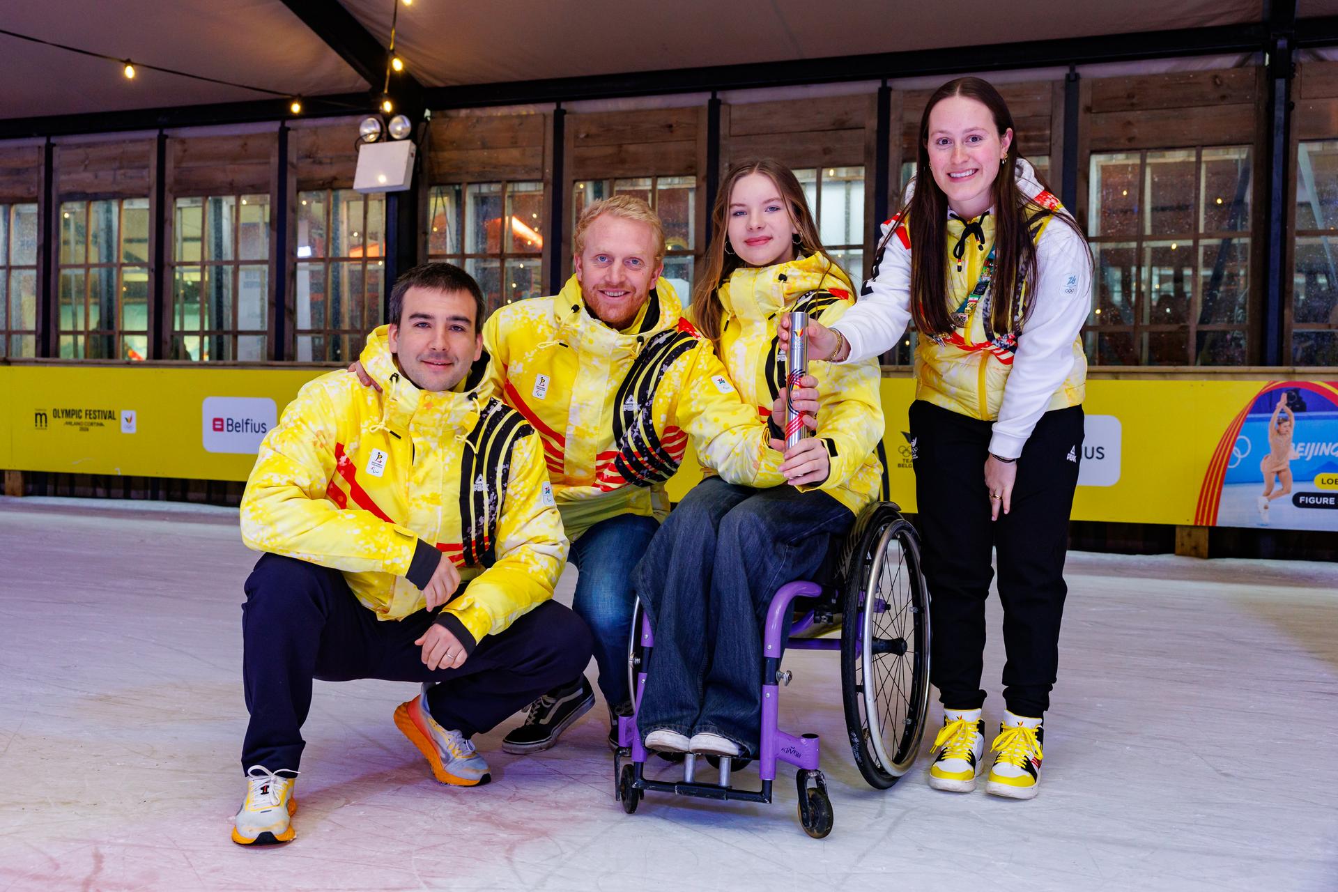 Belgian ski guide Jeremy Mestdagh, Belgian skier Maximilien Seege, Belgian skier Marte Goossen and Belgian snowboarder Evy Poppe pictured during the Olympic Festival in Middelkerke with the symbolic passing of the relay baton to the Paralympic athletes, on Sunday 22 February 2026. The Olympic Winter Games Milano Cortina 2026 end Today. Three Belgians will represent Belgium at the Milano Cortina 2026 Paralympic Winter Games taking place from 6 to 15 March. BELGA PHOTO KURT DESPLENTER