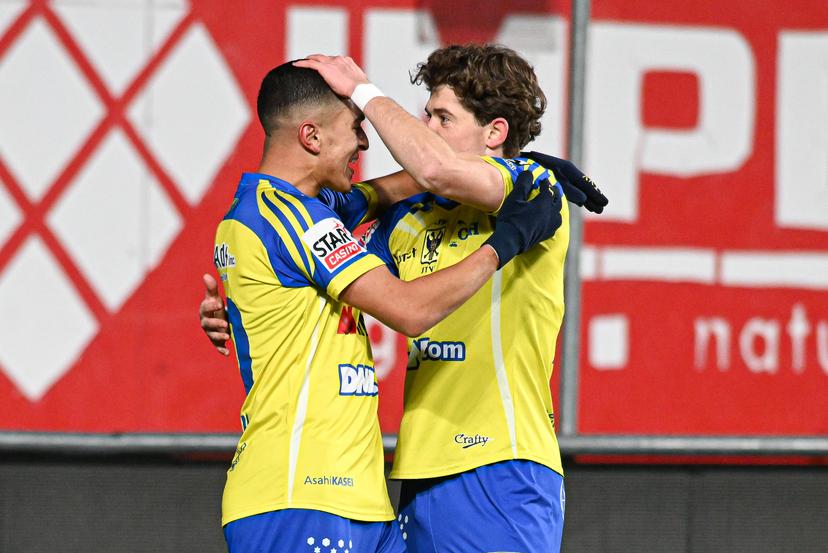STVV's Ilias Sebaoui celebrates after scoring during a soccer match between Sint-Truidense V.V. and Oud-Heverlee Leuven, Sunday 18 January 2026 in Sint-Truiden, on day 21 of the 2025-2026 'Jupiler Pro League' first division of the Belgian championship. BELGA PHOTO JILL DELSAUX