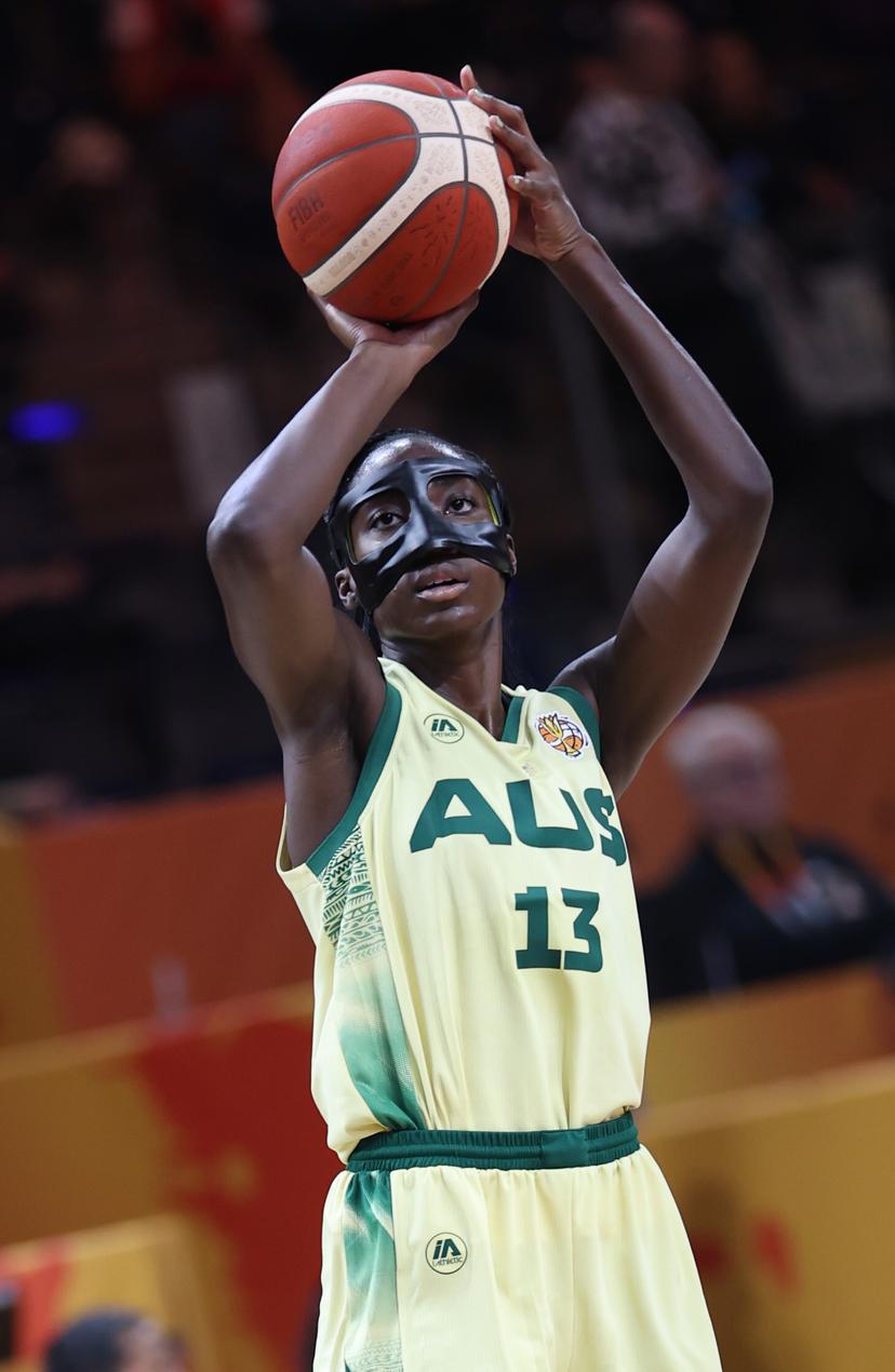 Australia' Ezi Magbegor fights for the ball during a game between the national teams of Australia and Puerto Rico,  game 1 of the group phase at the FIBA Women's Basketball World Cup, on Friday 4 September 2026, in Berlin, Germany. The FIBA Women's Basketball World Cup takes place in Berlin from 4 to 23 September 2026. BELGA PHOTO VIRGINIE LEFOUR