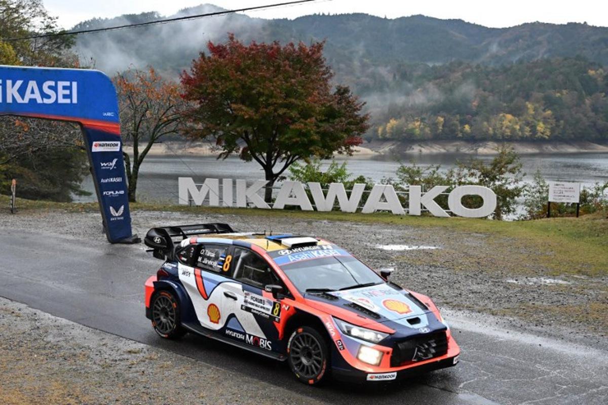 Ott Tanak and his co-driver Martin Jarveoja of Estonia drive their Hyundai i20 N Rally1 during the SS16 Lake Mikawako section of the Rally Japan, the 13th round of the FIA World Rally Championships, in Toyota city, Aichi prefecture on November 9, 2025.  Toshifumi KITAMURA / AFP