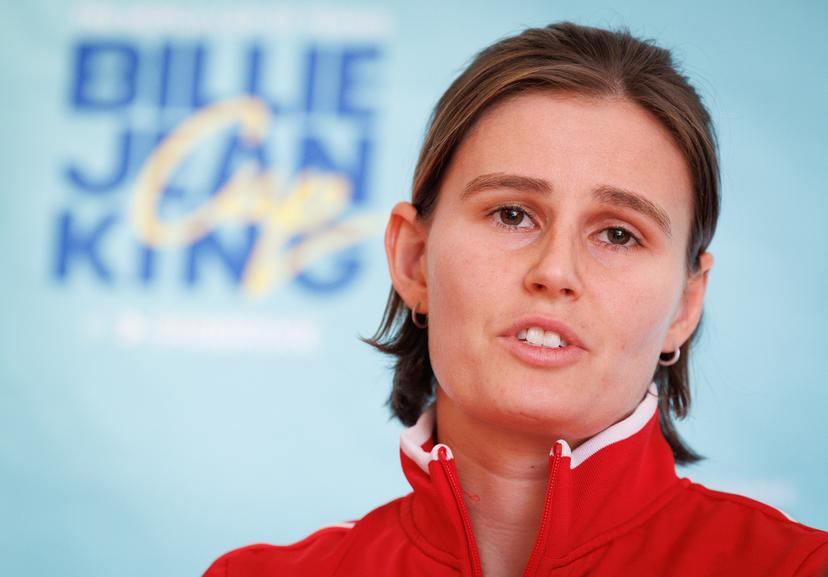 Belgian Greet Minnen answers questions during a press conference of the Belgian tennis players competing in the upcoming Billie Jean King Cup Play-offs, on Thursday 13 November 2025 in Ismaning, Germany. This weekend Belgium will meet Germany and Turkey. PHOTO BENOIT DOPPAGNE