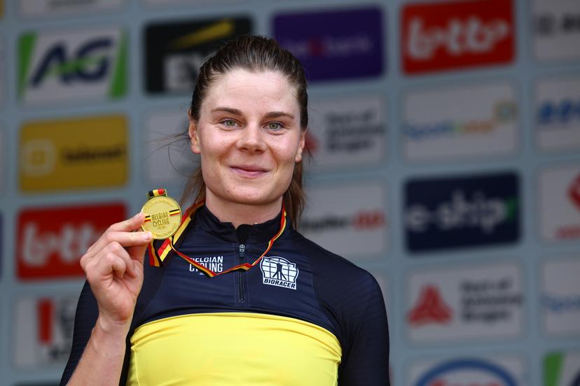 Belgian Lotte Kopecky of SD Worx-Protime pictured on the podium after winning the women's elite individual time trial of the Belgian Cycling Championships, 20,1km, in Brasschaat, on . BELGA PHOTO DAVID PINTENS