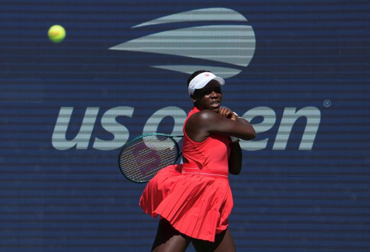 Canada's Victoria Mboko plays a plays a forehand return to Czech Republic's Barbora Krejcikova during their women's singles first round tennis match on day two of the US Open tennis tournament at the USTA Billie Jean King National Tennis Center in New York City, on August 25, 2025.  TIMOTHY A. CLARY / AFP