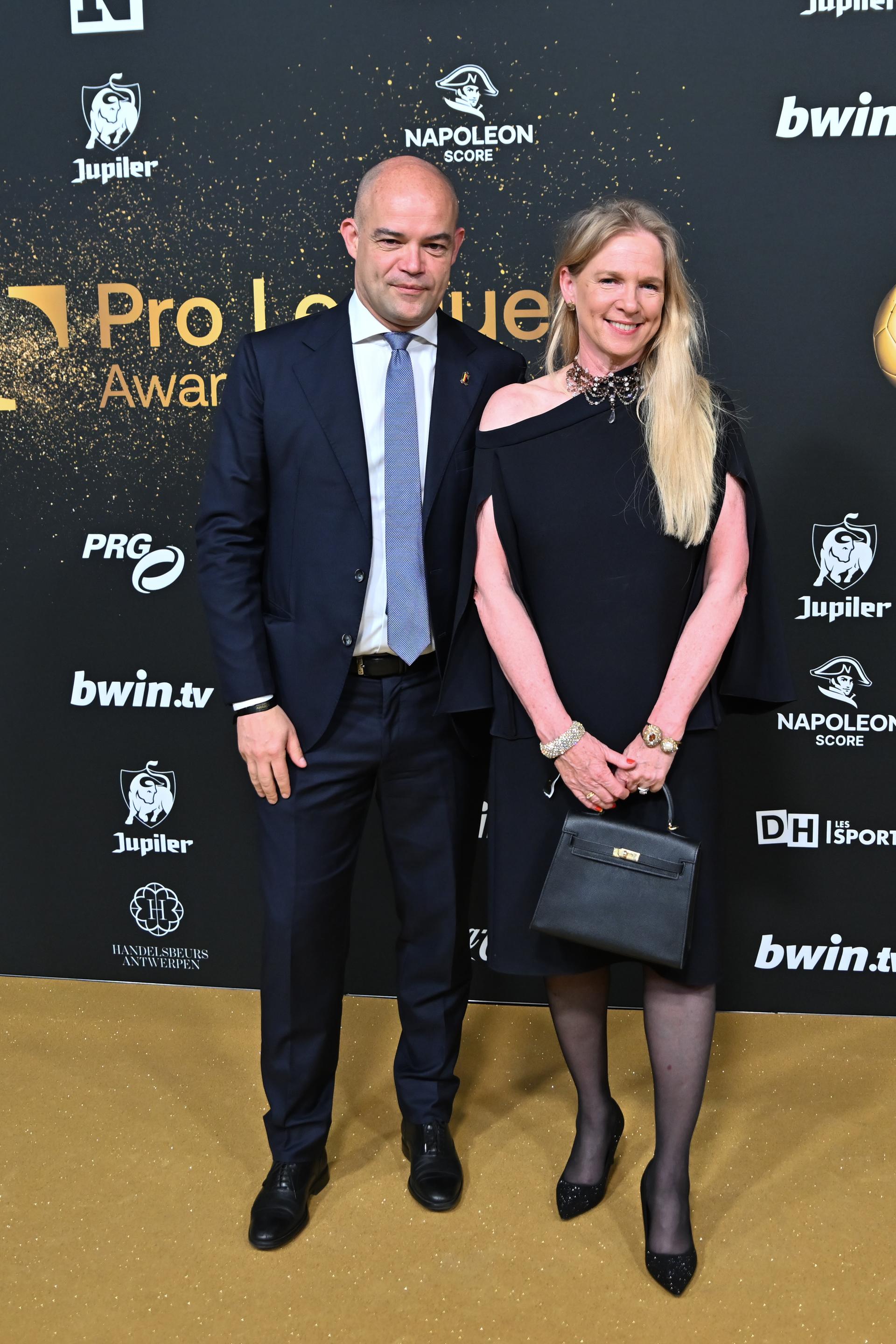 RBFA CEO Peter Willems and RBFA chairwoman Pascale Van Damme pictured on the Golden Carpet at the arrival for the Pro League Awards 2026, for the best players in the 1st and 2nd divisions of the 2025-2026 Belgian soccer championships, on Monday 25 May 2026, in Antwerp. BELGA PHOTO EMILE WINDAL