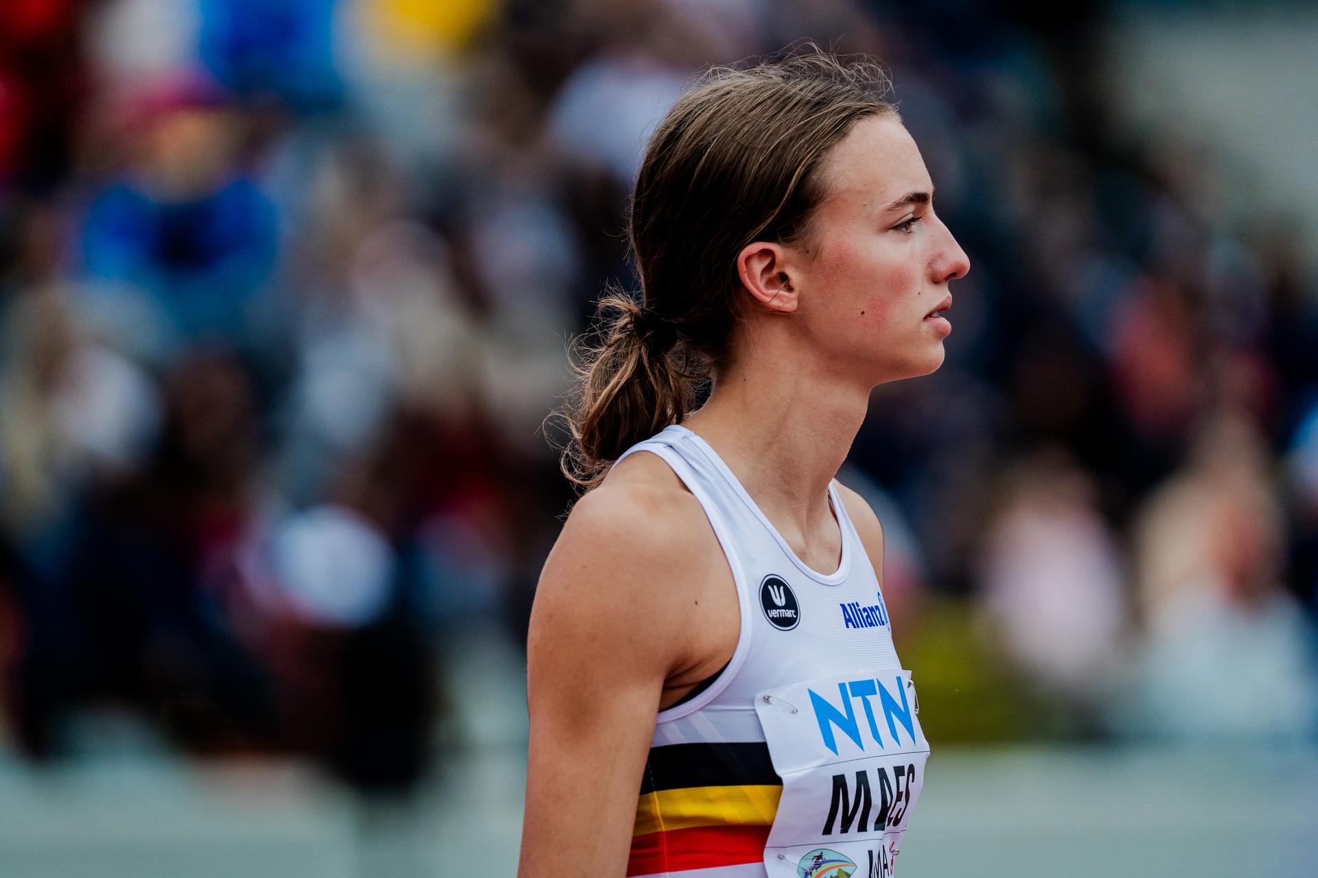 Belgian Merel Maes pictured during the high jump event, at the World Athletics U20 Championships, Saturday 31 August 2024, in Lima, Peru. The world championships take place from 27 to 31 August.  BELGA PHOTO SONYA MALETER