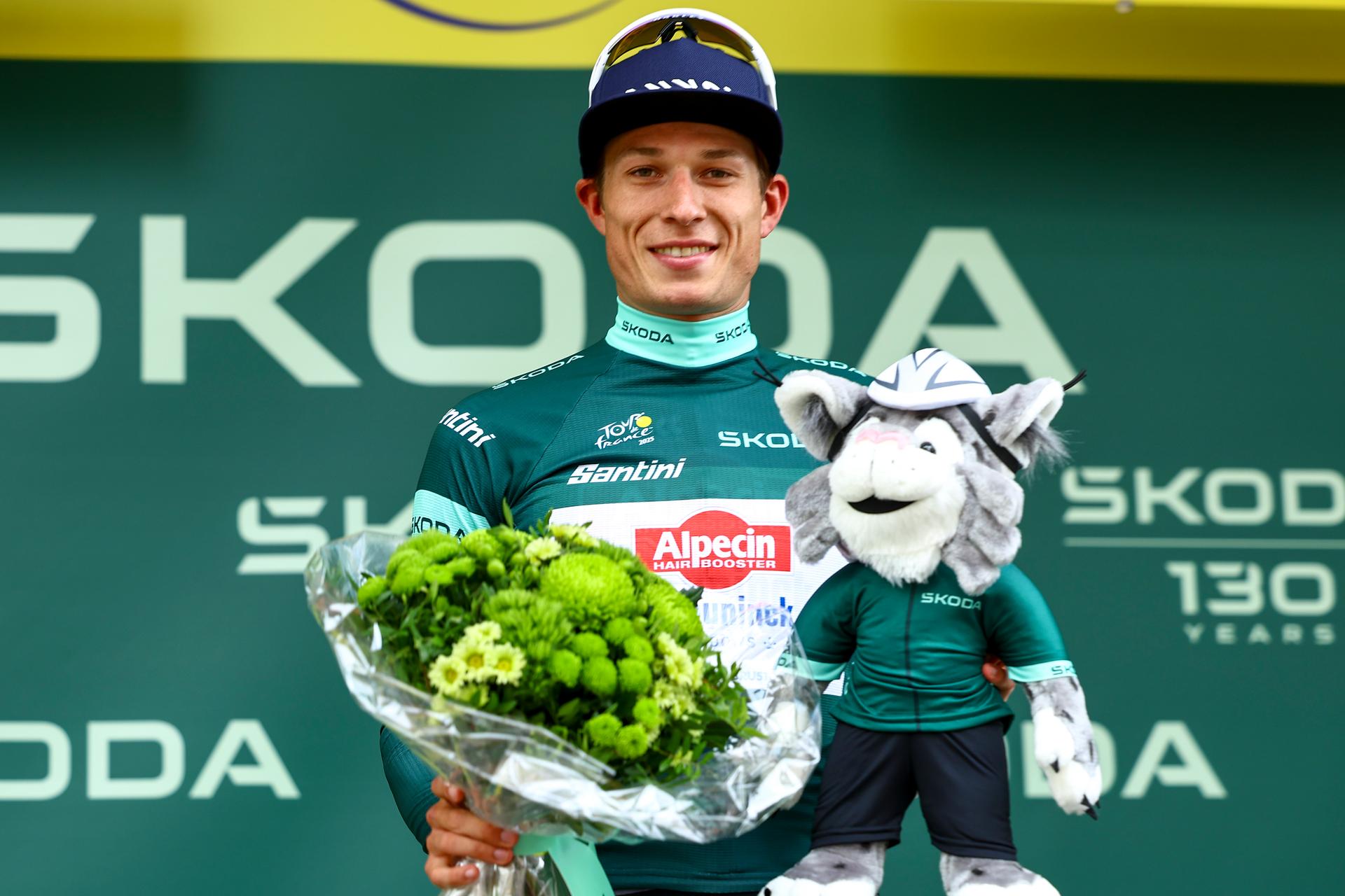 Belgian Jasper Philipsen of Alpecin-Deceuninck celebrates in the green jersey of leader in the points ranking after the first stage, Lille Metropole to Lille Metropole (185 km), of the 2025 Tour de France cycling race, in Lille, France, on Saturday 05 July 2025. The 112th edition of the Tour de France starts on Saturday 5 July in Lille, France, and will finish in Paris, France on the 27th of July. BELGA PHOTO DAVID PINTENS