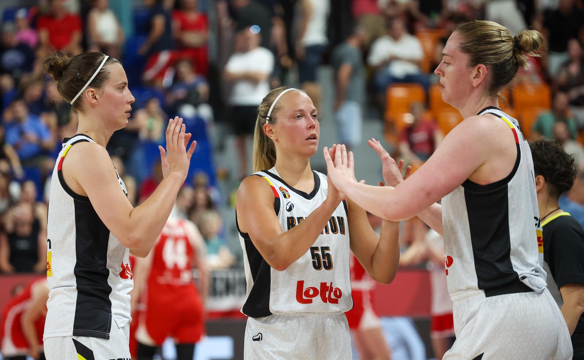 Belgium's Antonia Delaere, Belgium's Julie Allemand and Belgium's Emma Meesseman pictured during the third game and the last in the group stage (group C) between Belgian national women team 'the Belgian Cats' and Czech Republic national team, in Brno, Czech Republlic, on Sunday 22 June 2025, at the FIBA Women's EuroBasket 2025. BELGA PHOTO VIRGINIE LEFOUR