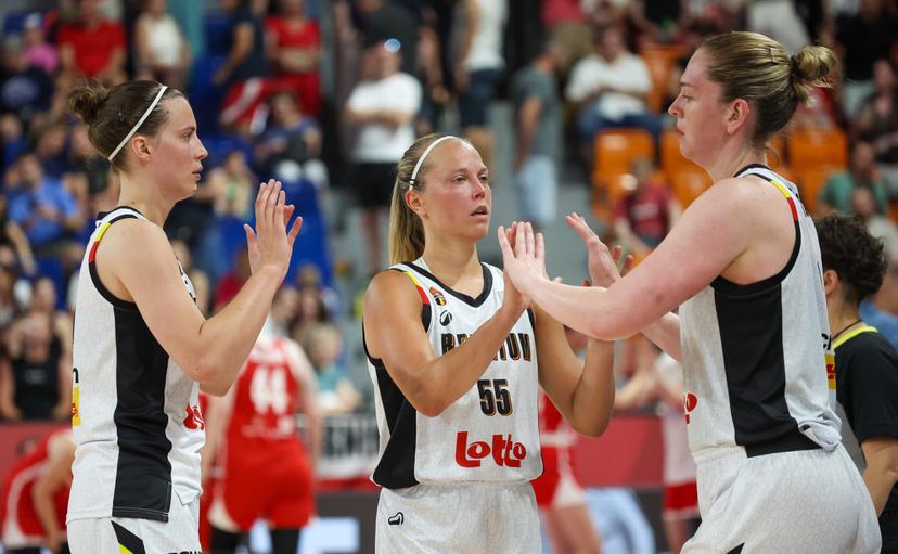 Belgium's Antonia Delaere, Belgium's Julie Allemand and Belgium's Emma Meesseman pictured during the third game and the last in the group stage (group C) between Belgian national women team 'the Belgian Cats' and Czech Republic national team, in Brno, Czech Republlic, on Sunday 22 June 2025, at the FIBA Women's EuroBasket 2025. BELGA PHOTO VIRGINIE LEFOUR