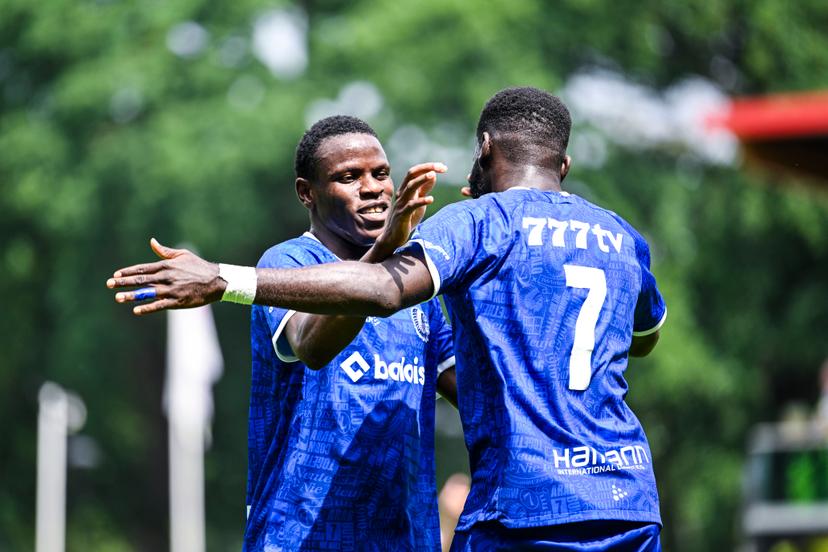 Gent's Hyllarion Goore and Gent's Wilfried Kanga celebrate after scoring during a friendly game between KAA Gent and Dutch FC Twente, at the summer training camp of Belgian first division soccer team KAA Gent in De Lutte, Losser, the Netherlands on Saturday 18 July 2026, to prepare for the upcoming 2026-2027 season. BELGA PHOTO TOM GOYVAERTS
