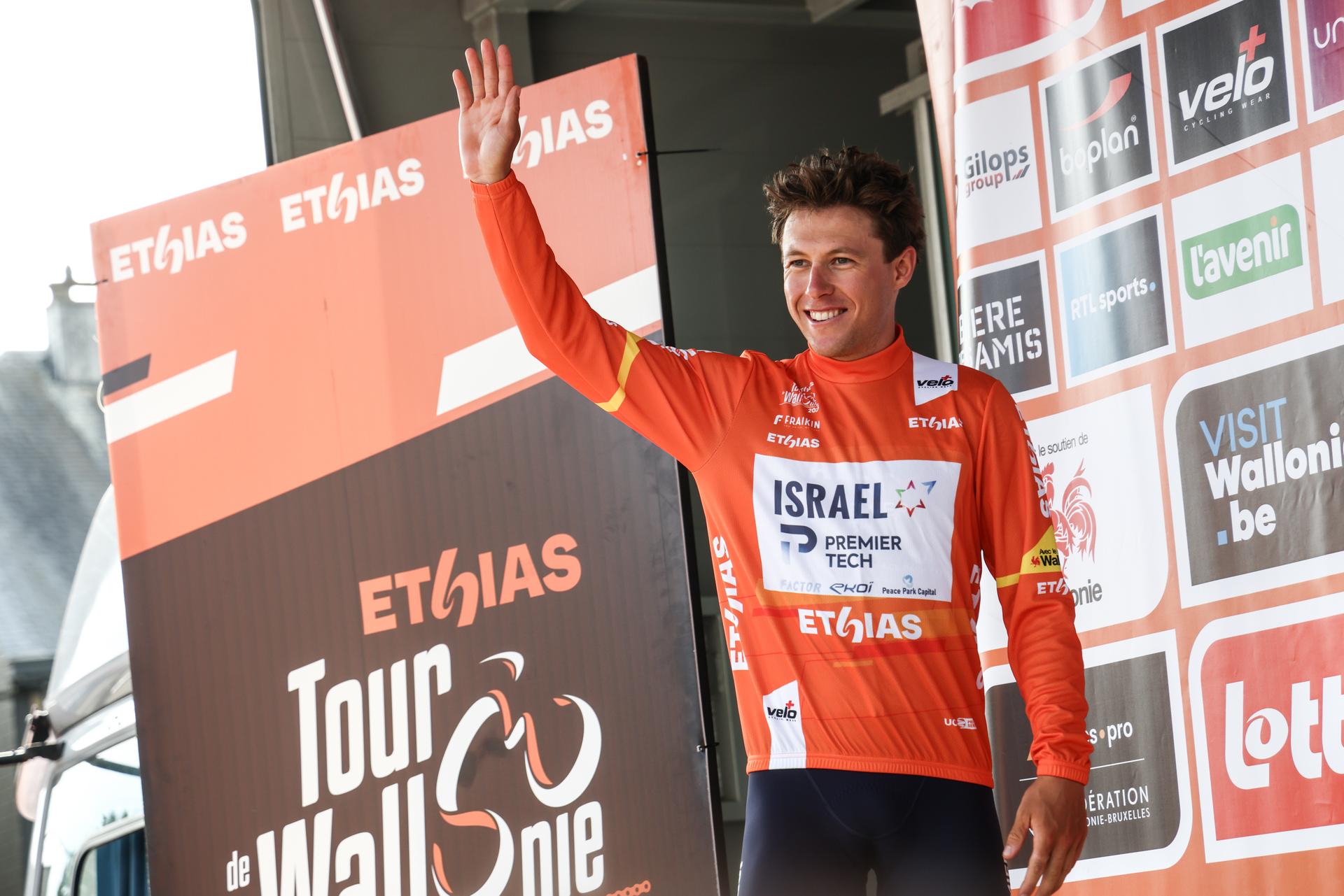 New Zealander Corbin John Strong of Israel-Premier Tech pictured on the podium after the fifth and final stage of the Tour De Wallonie cycling race, from and back of Bertrix (183,3 km), on Wednesday 30 July 2025. BELGA PHOTO BRUNO FAHY