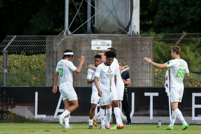 Cercle's Lawrence Agyekum celebrates with teammates after scoring during a soccer match between Patro Eisden Maasmechelen and Cercle Brugge, Sunday 18 May 2025 in Maasmechelen, the first leg of the Relegation Play-offs Finals of the 2024-2025 'Jupiler Pro League' Belgian championship. The winner of the meeting will qualify to play in the First Division. BELGA PHOTO KRISTOF VAN ACCOM