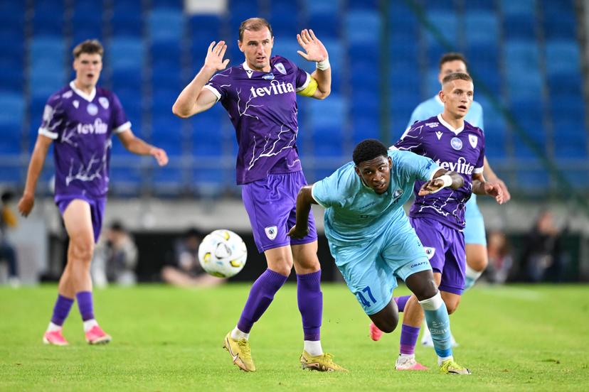 Cherkasy's Nazarii Muravskyi and Gent's Vergara pictured in action during a soccer game between Ukrainian FC LNZ Cherkasy and Belgian KAA Gent, Thursday 23 July 2026 in Plock, Poland, the first leg of the second qualifying round for the UEFA Conference League. BELGA PHOTO JILL DELSAUX
