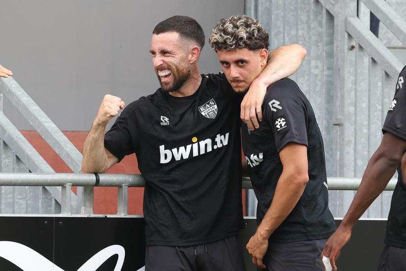 Eupen's Sandro Vidigal celebrates after scoring during a soccer match between KAS Eupen and Jong Genk, Saturday 15 August 2026 in Eupen, on day 1 of the 2026-2027 'Challenger Pro League' second division of the Belgian championship. BELGA PHOTO BRUNO FAHY