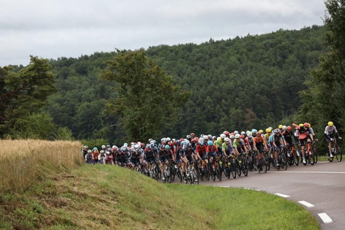 The pack of riders (peloton) cycles in the Cote d'Or department during the 8th stage of the 111th edition of the Tour de France cycling race, 183,5 km between Semur-en-Auxois and Colombey-les-deux-Eglises, on July 6, 2024. Anne-Christine POUJOULAT / AFP