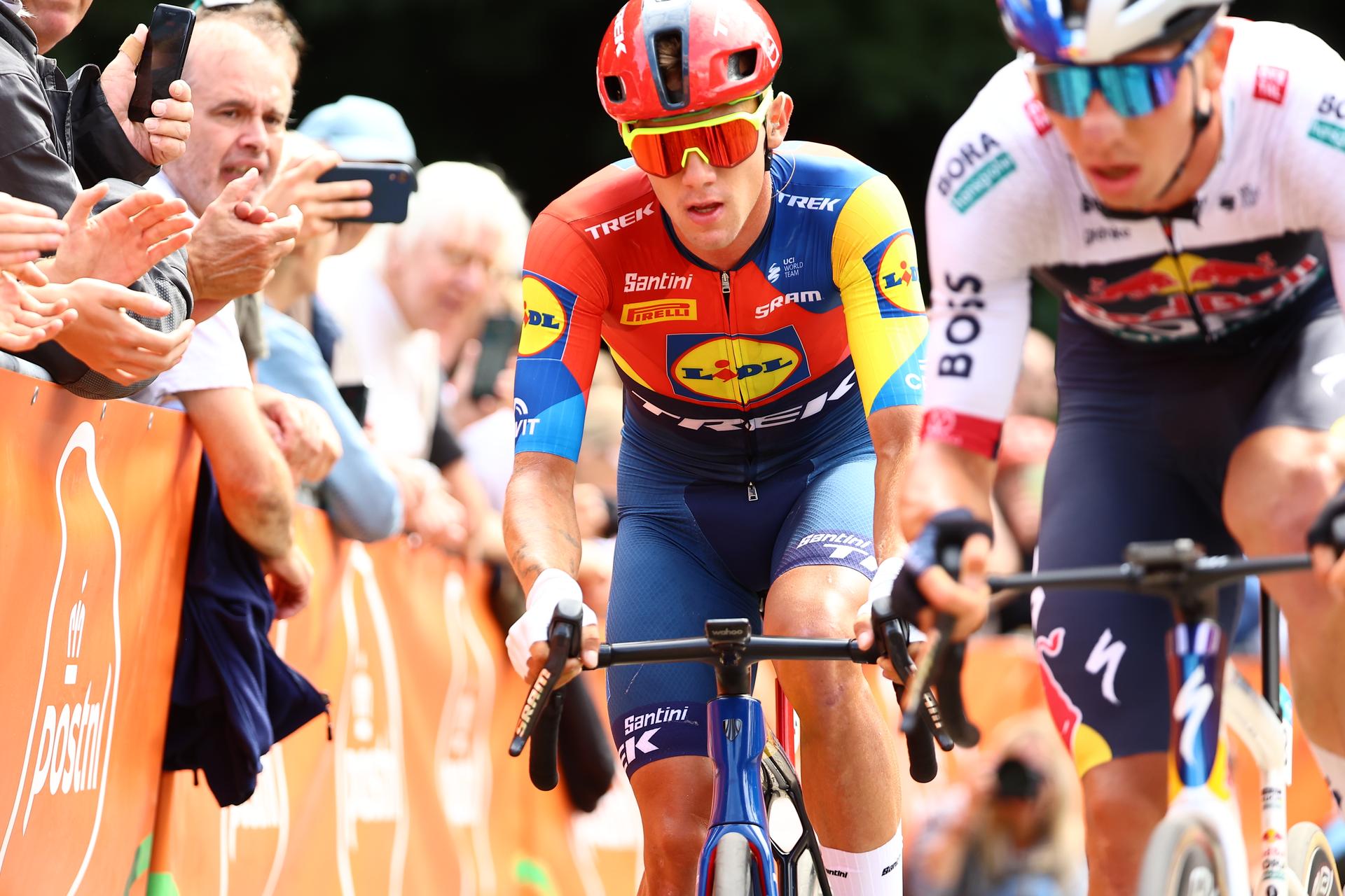 Belgian Thibau Nys of Lidl-Trek pictured in action during the third stage of the 'Renewi Tour' multi-stage cycling race, from Aalter to Geraardsbergen (179,9 km) on Friday 22 August 2025. The five-day race takes place in Belgium and the Netherlands.  BELGA PHOTO DAVID PINTENS