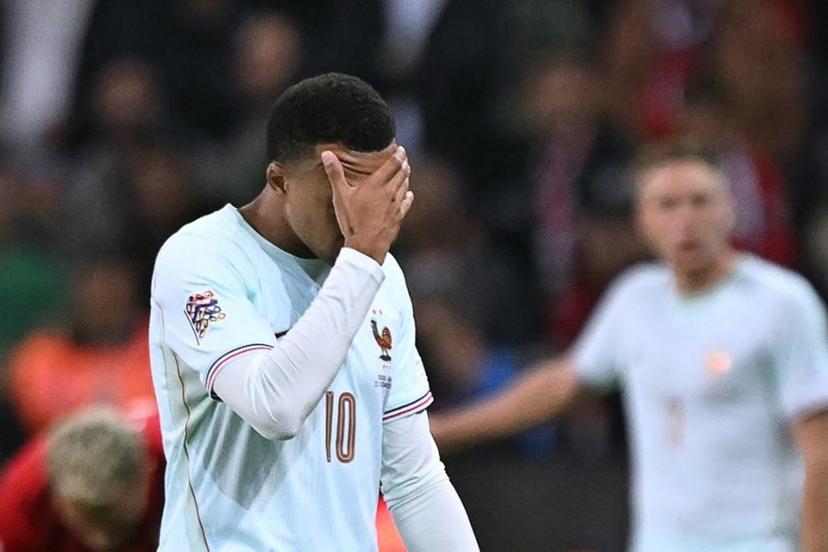 France's forward #10 Kylian Mbappe reacts after scoring the opening goal and to a leg pain during the UEFA Nations League (League A, Group 1) first leg football match between Turkey and France at the Kocaeli Stadium in Izmit, on September 25, 2026.  OZAN KOSE / AFP