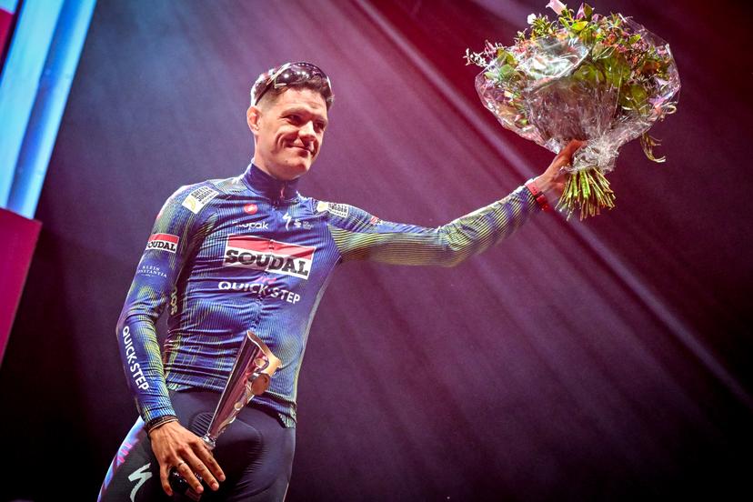 Belgian Jasper Stuyven of Soudal Quick-Step pictured on the podium after the 'Natourcriterium Herentals' cycling race, Thursday 30 July 2026 in Herentals. The contest is a part of the traditional 'criteriums', local races in which mainly cyclists who rode the Tour de France compete. BELGA PHOTO ELIAS ROM