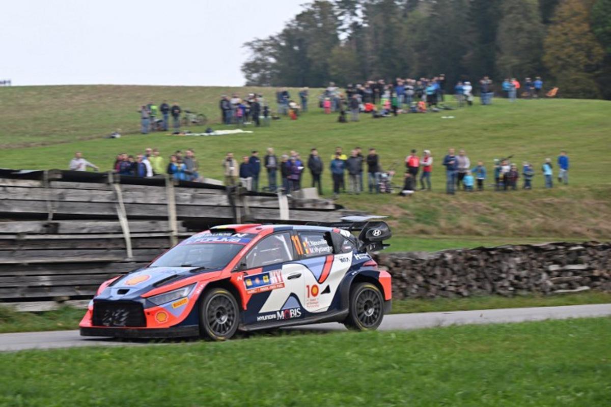 Belgium's Thierry Neuville and his co-driver Martijn Wydaeghe with Hyundai i20 N Rally1 Hybrid  during the WRC Central European Rally 2024 near Kollerschlag, Upper Austria, on October 19, 2024.   KERSTIN JOENSSON / AFP